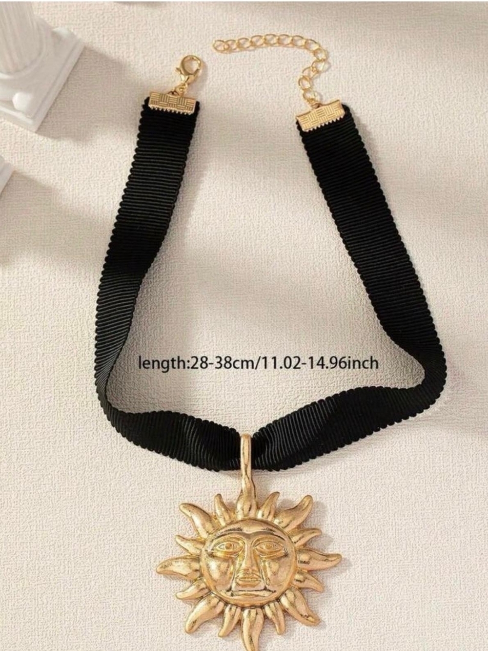 Black Ribbon Choker with Gold Sun Medallion - Picture 2 of 3